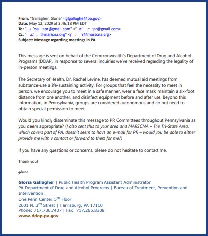 Regarding Meetings During the Pandemic: PA Dept of Health Letter